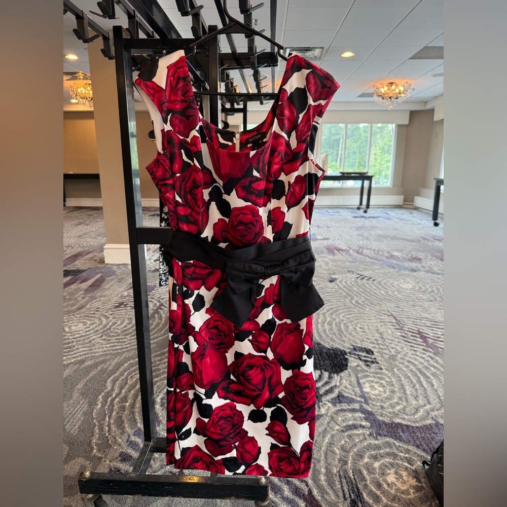 White House Black Market Red Rose and Black Bow Midi Dress